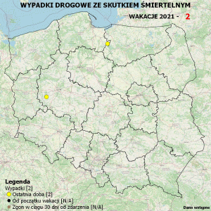 Policyjna mapa wypadków drogowych ze skutkiem śmiertelnym – Wakacje 2021